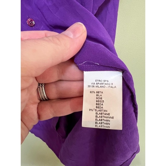 ETRO Purple Silk Button Up Cold Shoulder Over Sized Blouse Short Sleeve 38 - Picture 4 of 7